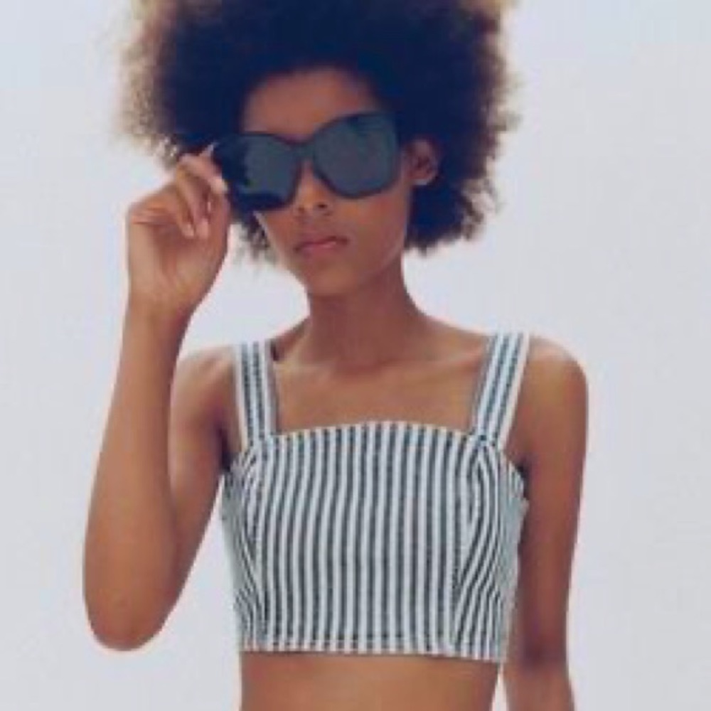 Zara Striped Denim Crop Top In Blue / White - Picture 2 of 7